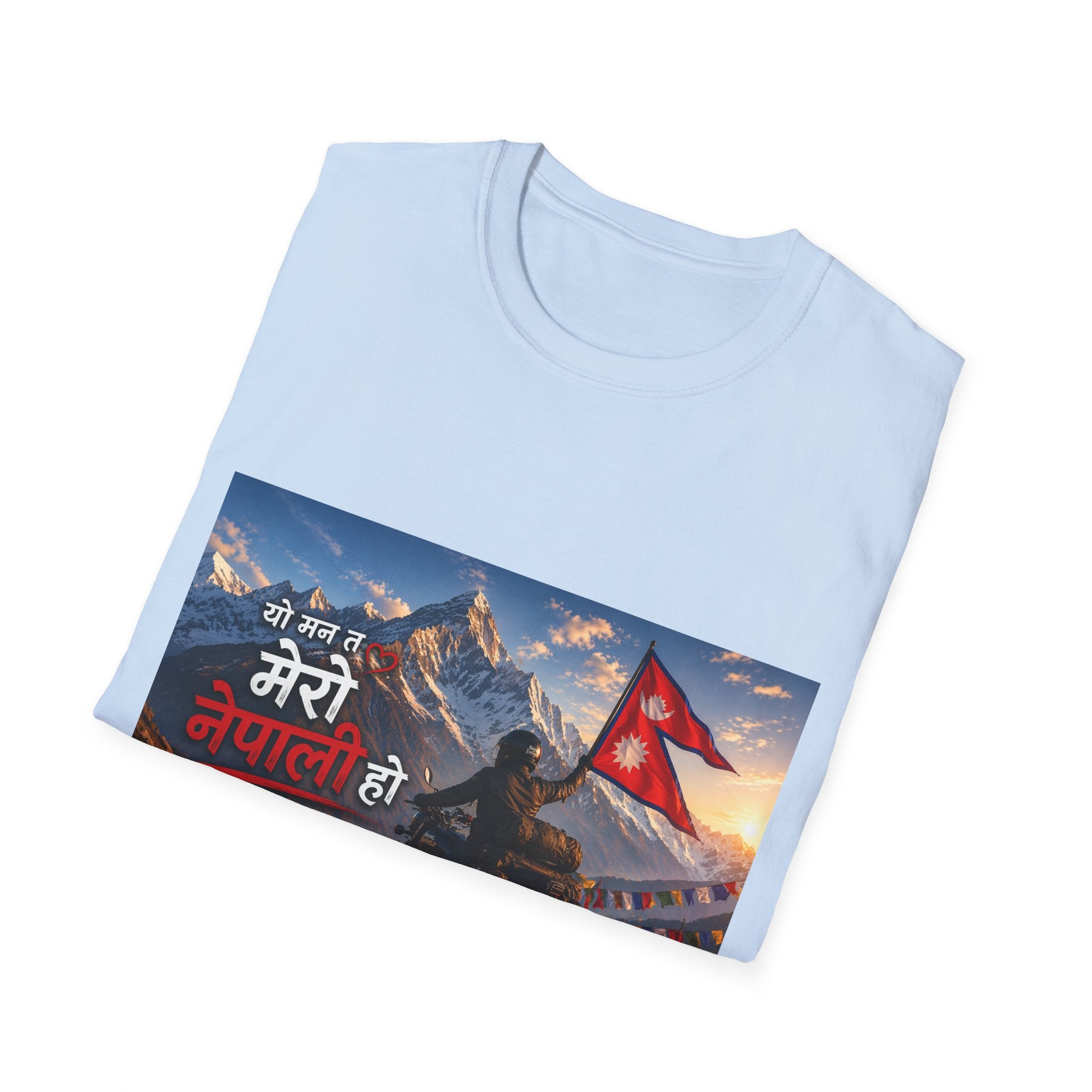 Nepal Pride Rider T-Shirt "यो मन त मेरो नेपाली हो" - Motorcyclist with Nepali Flag