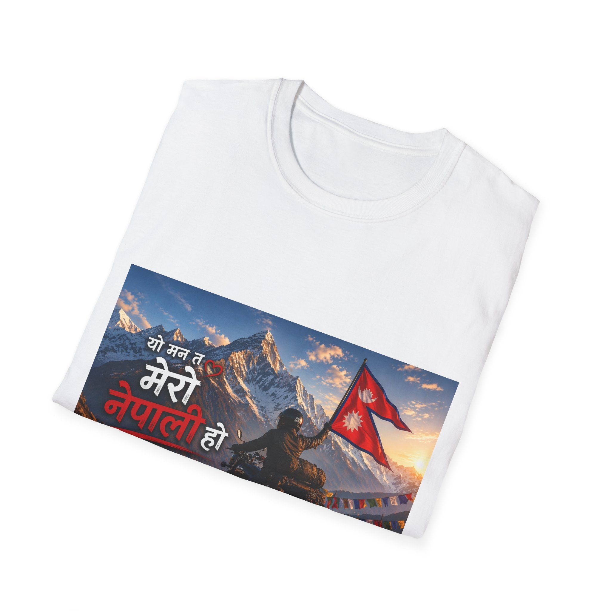 Nepal Pride Rider T-Shirt "यो मन त मेरो नेपाली हो" - Motorcyclist with Nepali Flag