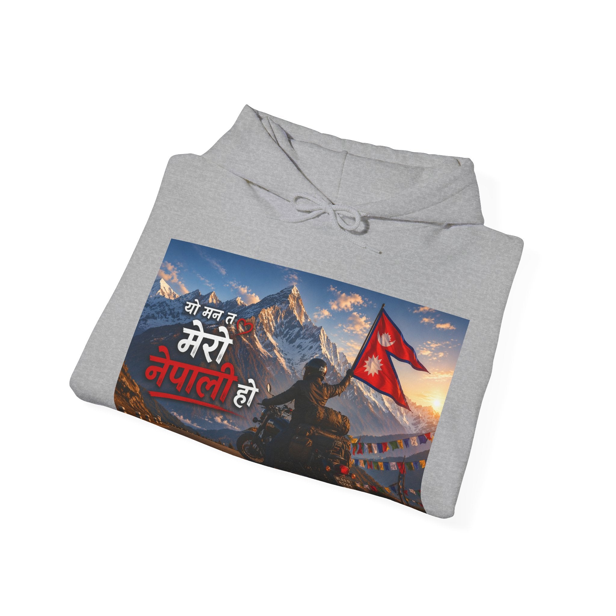 Nepal Pride Rider Hoodie "यो मन त मेरो नेपाली हो" — (Nepali Flag & Himalaya Design)