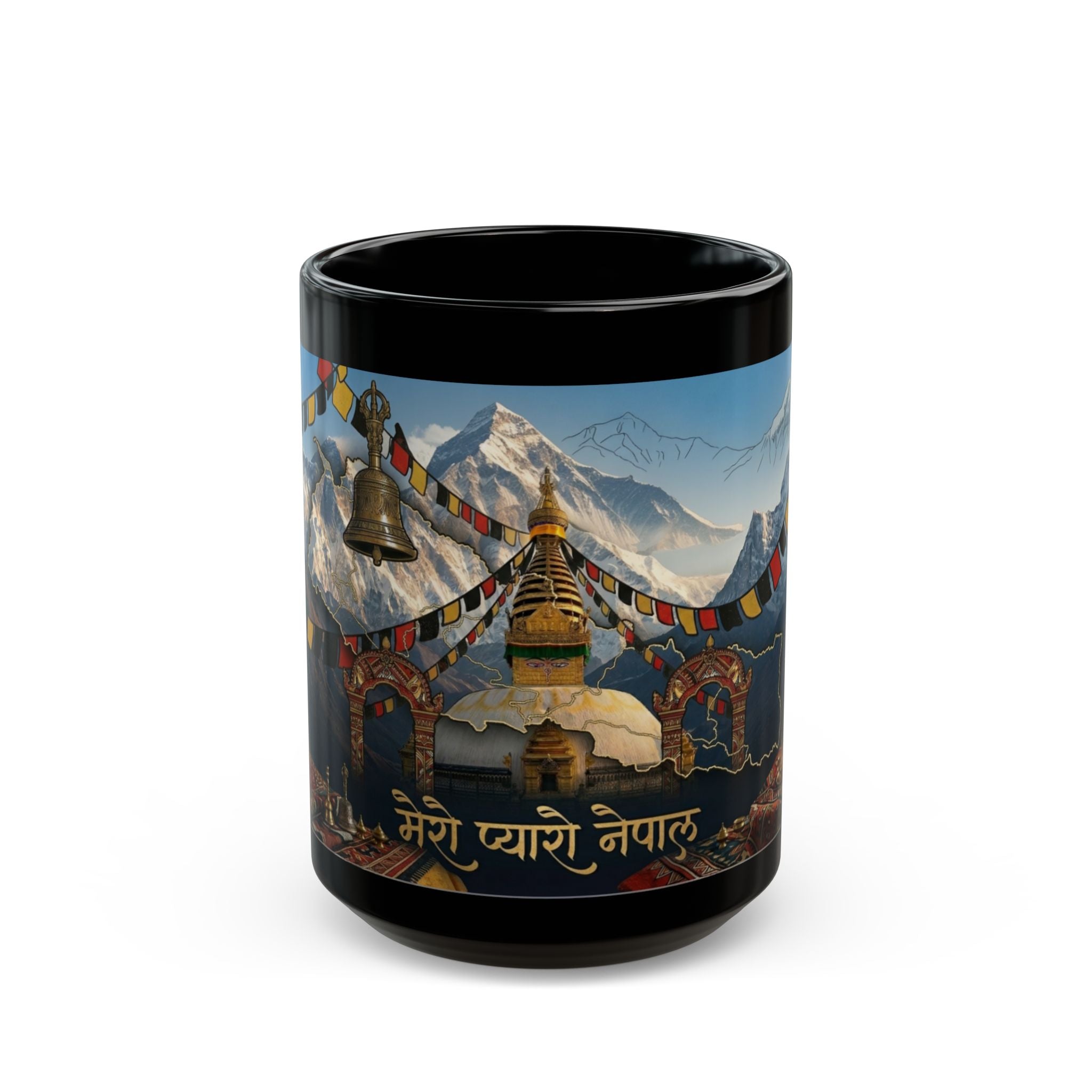 Nepal Stupa & Everest Black Ceramic Mug — "Mero Pyaro Nepal" Travel Souvenir (11oz/15oz)