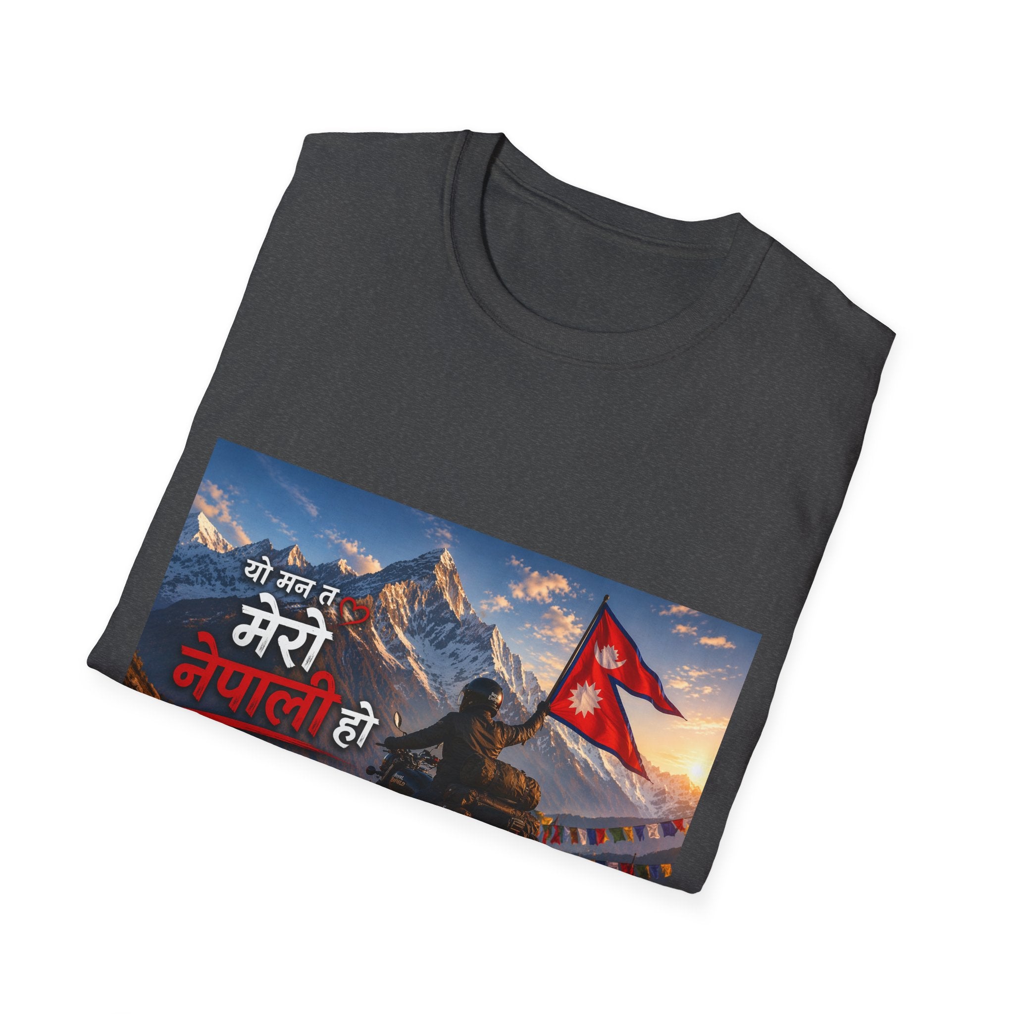 Nepal Pride Rider T-Shirt "यो मन त मेरो नेपाली हो" - Motorcyclist with Nepali Flag