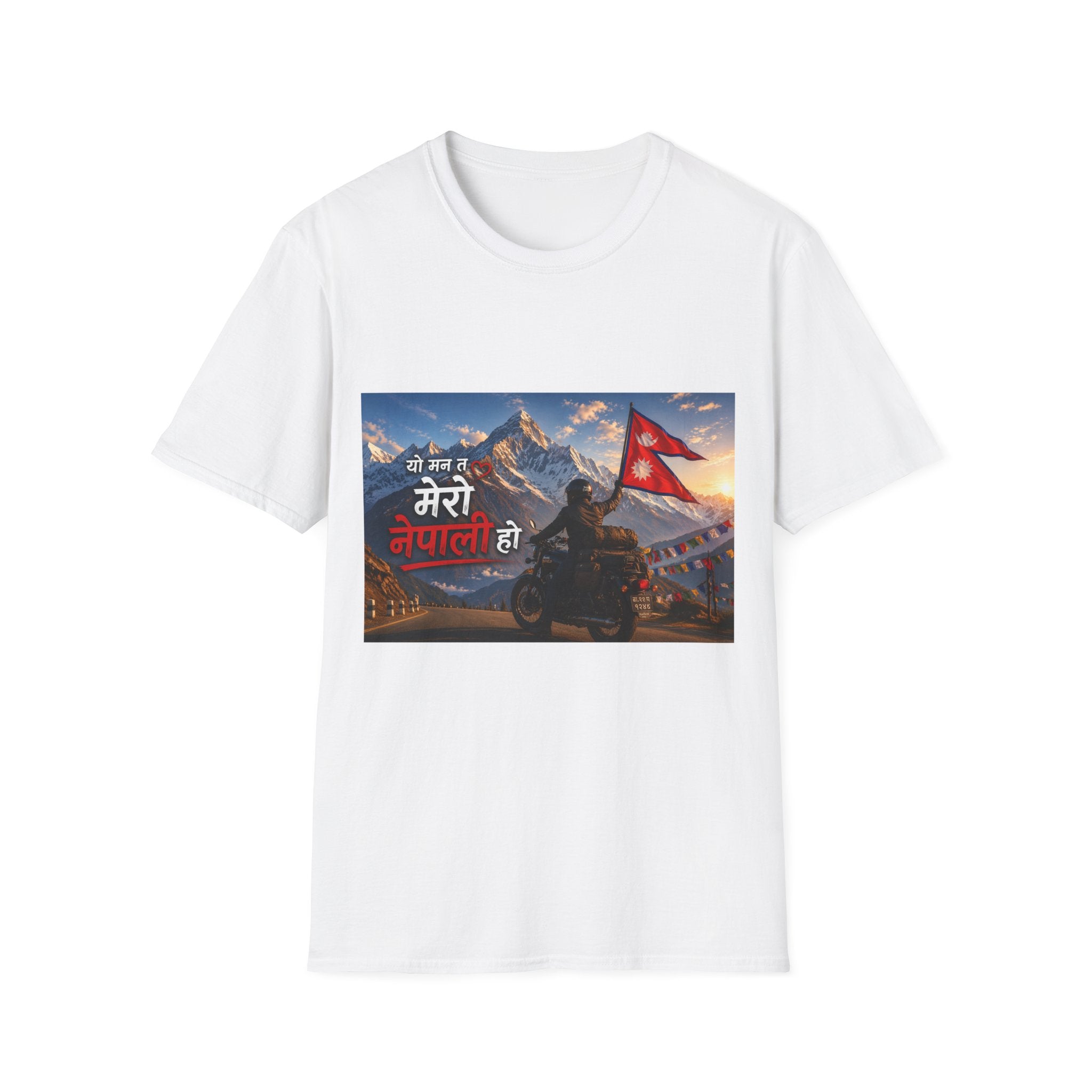 Nepal Pride Rider T-Shirt "यो मन त मेरो नेपाली हो" - Motorcyclist with Nepali Flag