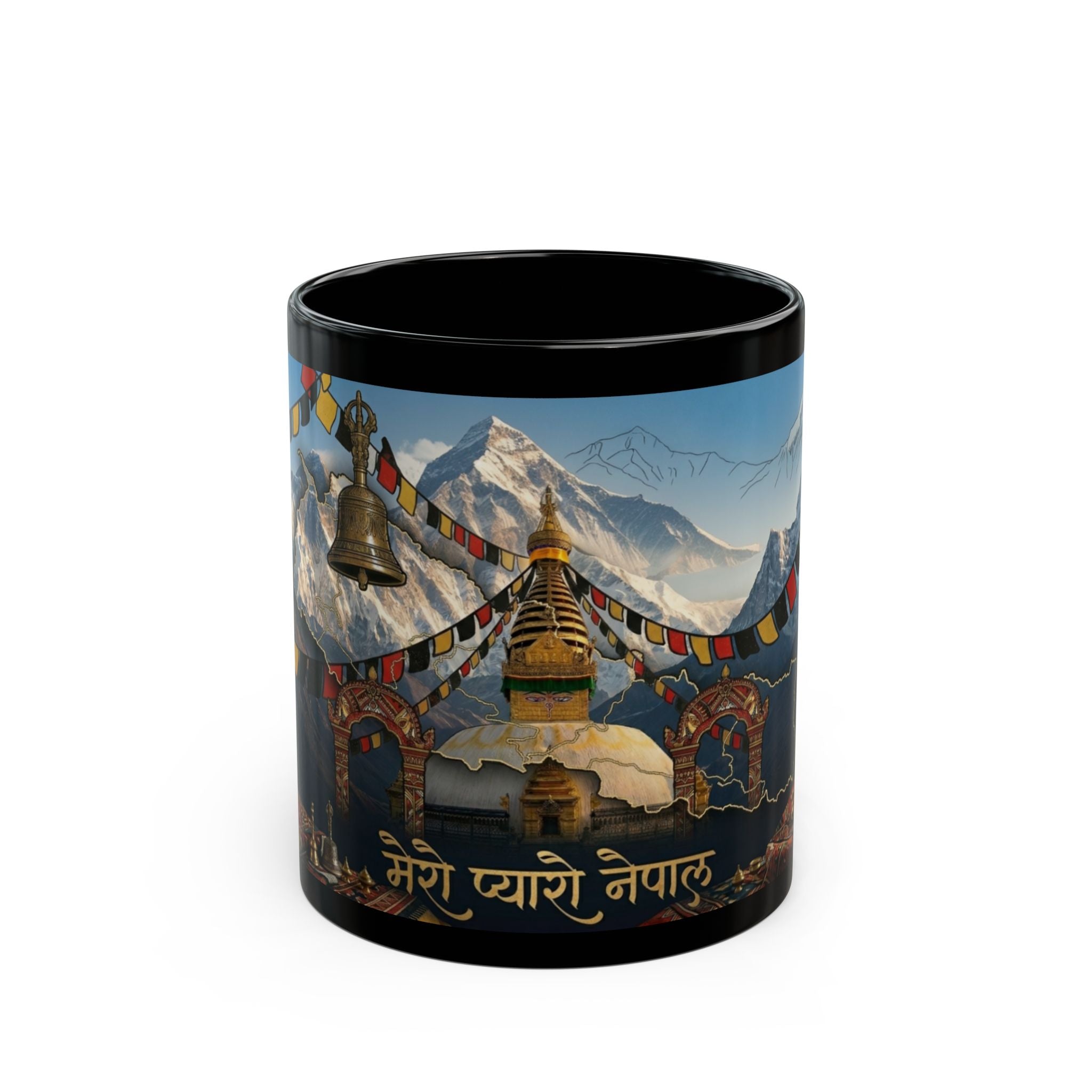 Nepal Stupa & Everest Black Ceramic Mug — "Mero Pyaro Nepal" Travel Souvenir (11oz/15oz)