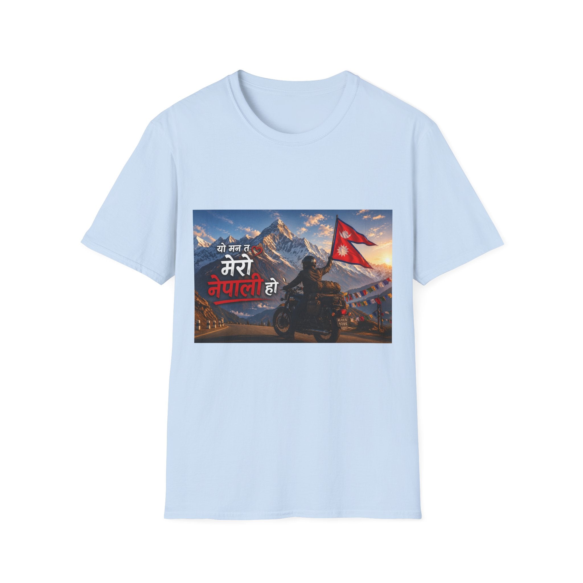 Nepal Pride Rider T-Shirt "यो मन त मेरो नेपाली हो" - Motorcyclist with Nepali Flag