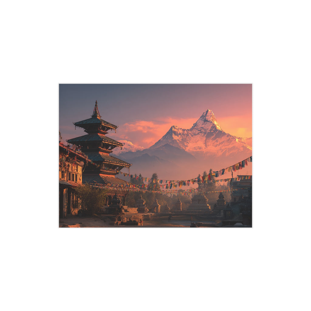 Himalayan Sunset Landscape Art Print — Nepal Temple Mountain Wall Decor (Unframed)