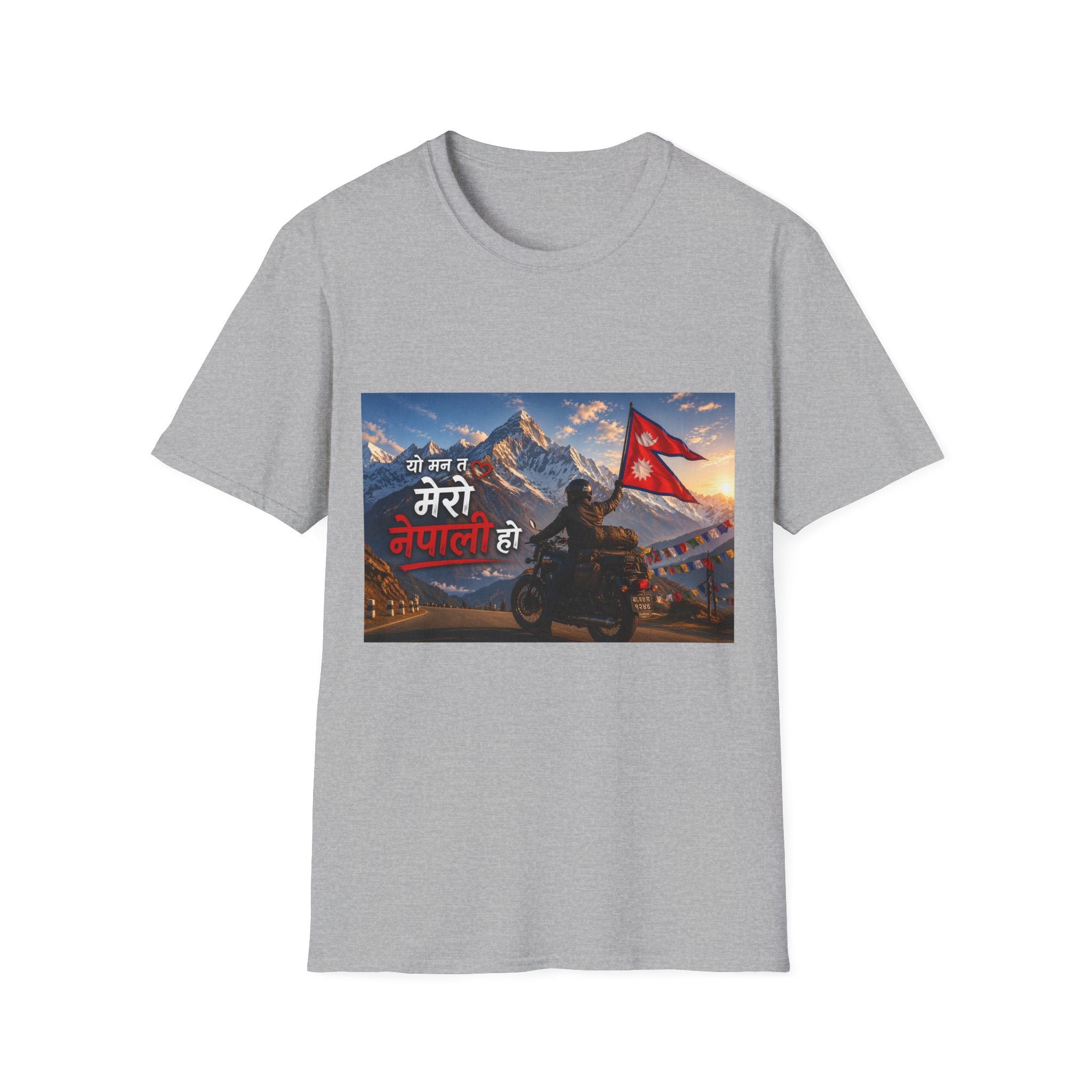 Nepal Pride Rider T-Shirt "यो मन त मेरो नेपाली हो" - Motorcyclist with Nepali Flag